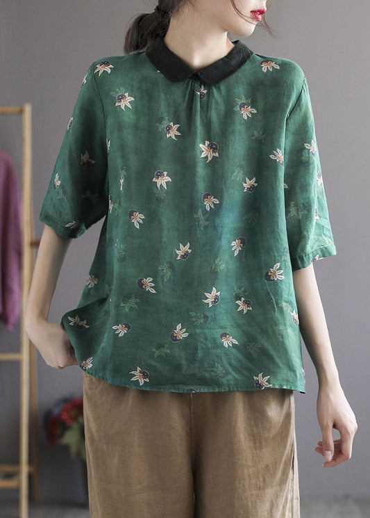 Camisa de algodón con cuello Peter Pan y estampado de patchwork verde arte verano