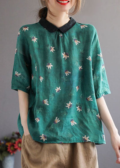Camisa de algodón con cuello Peter Pan y estampado de patchwork verde arte verano