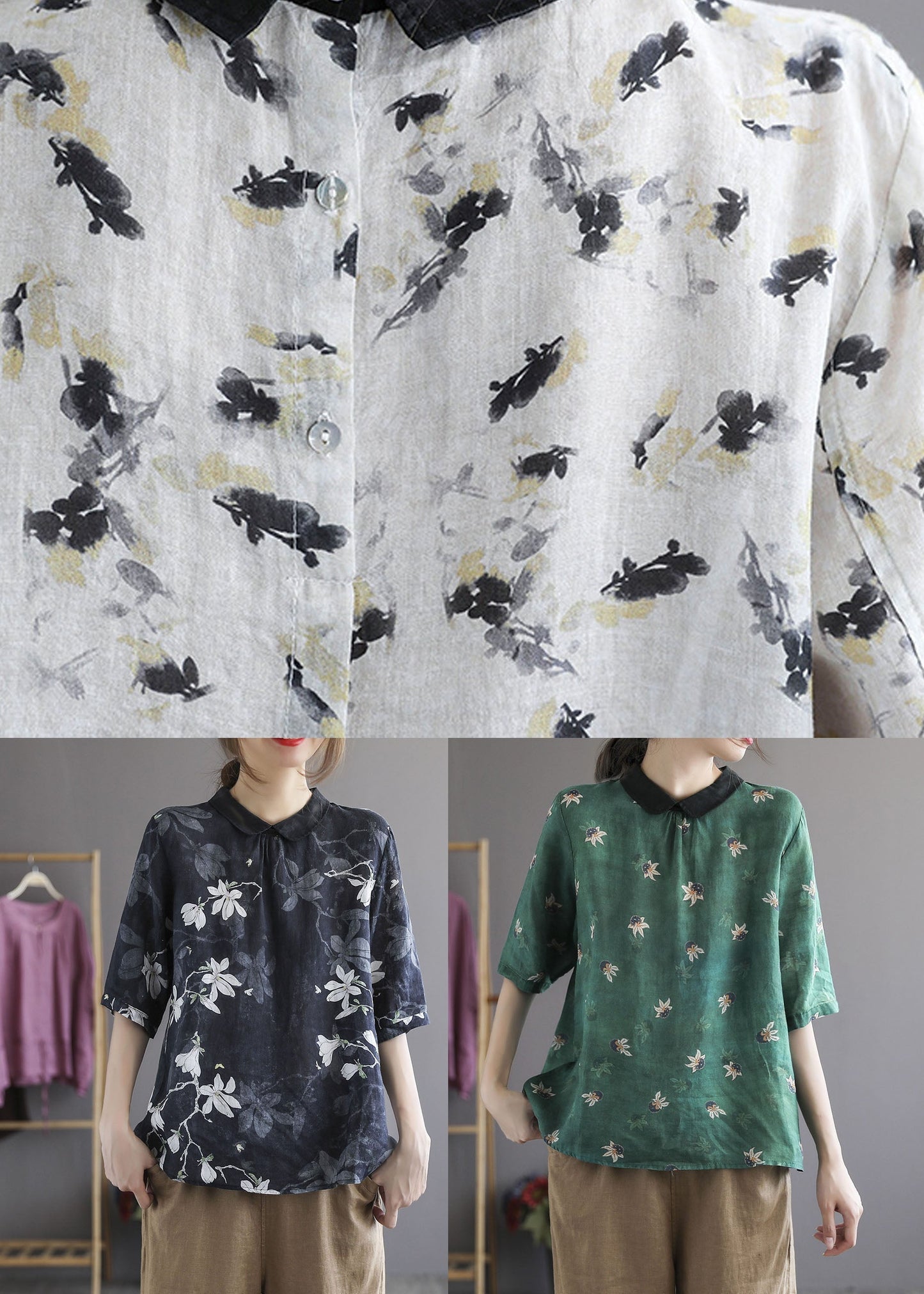 Camisa de algodón con cuello Peter Pan y estampado de patchwork verde arte verano