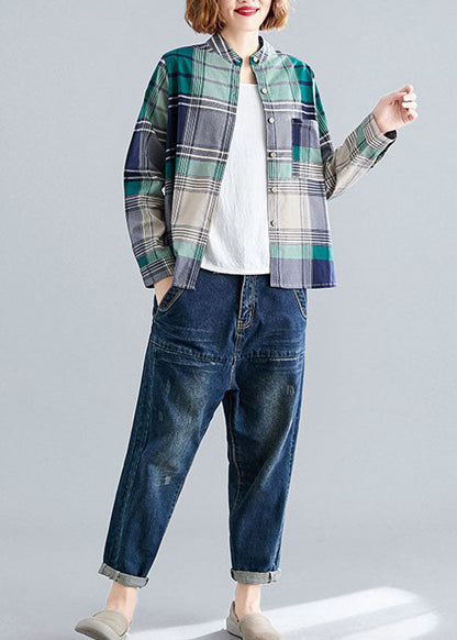 Art Green Taschen Knopf Patchwork Herbst Plaid Langarm Top