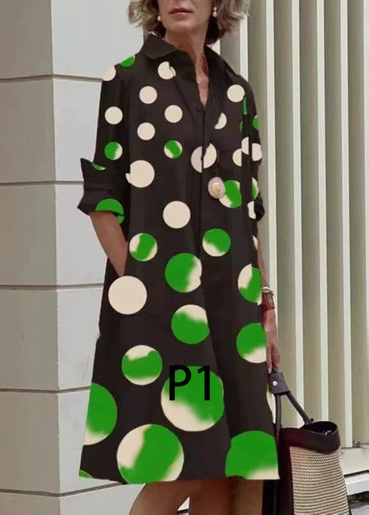 Art Green Polka Dots Peter Pan Collar Print Cotton Dress Long Sleeve