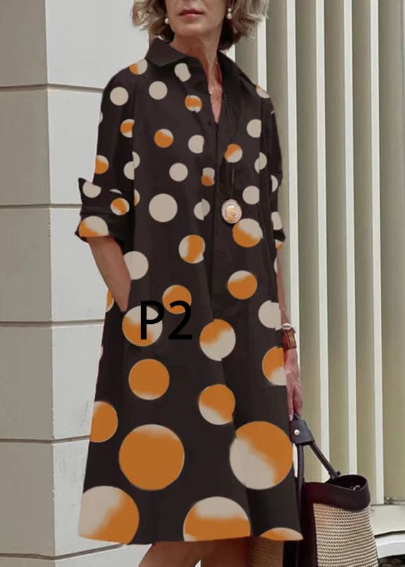 Art Green Polka Dots Peter Pan Collar Print Cotton Dress Long Sleeve