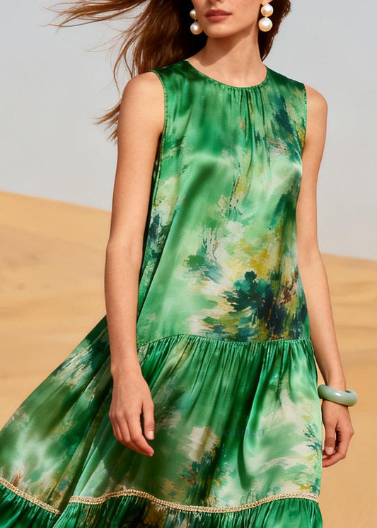 Art Green Print Patchwork Exra Large Hem Silk Long Dress Summer