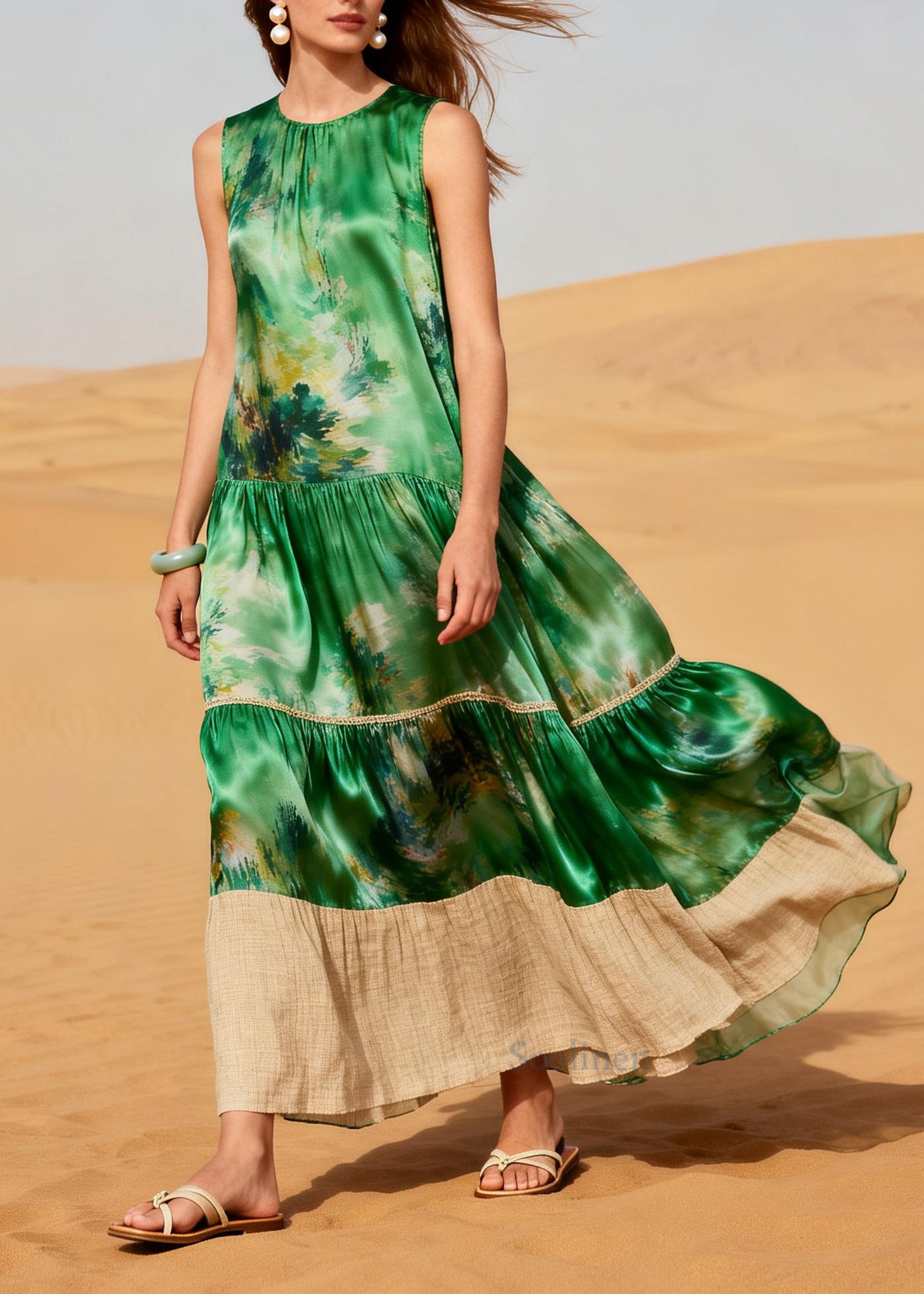 Art Green Print Patchwork Exra Large Hem Silk Long Dress Summer
