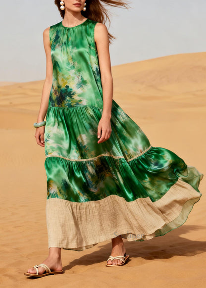 Art Green Print Patchwork Exra Large Hem Silk Long Dress Summer