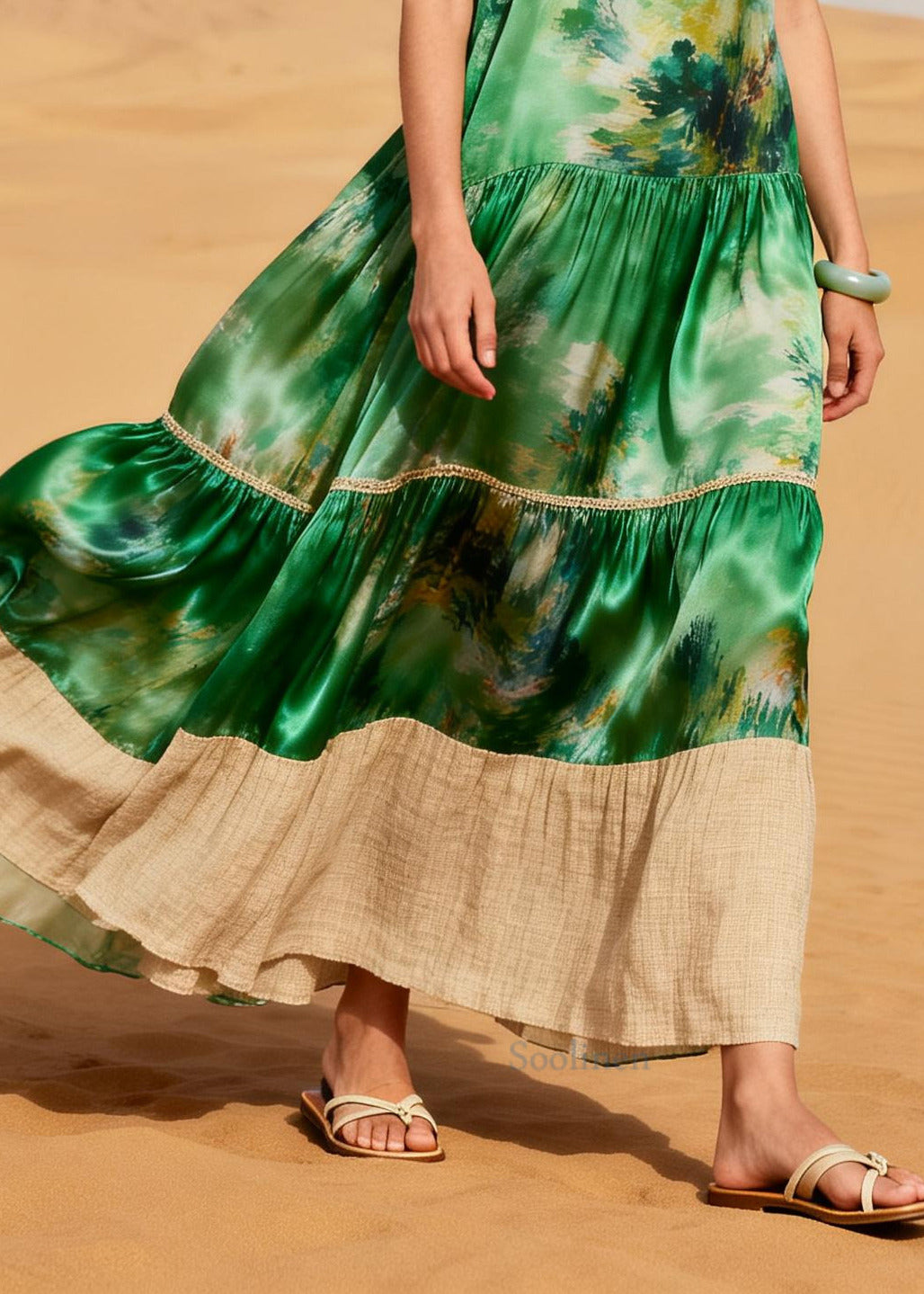 Art Green Print Patchwork Exra Large Hem Silk Long Dress Summer