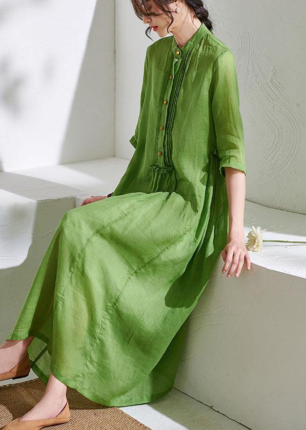 Art Green Ruffled Button Summer Ramie Party Dresses Half Sleeve - SooLinen