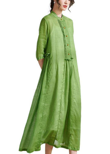 Art Green Ruffled Button Summer Ramie Party Dresses Half Sleeve - SooLinen