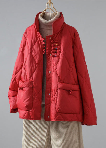 Kunstgrüner Stehkragen-Daunenmantel mit chinesischen Knöpfen, Taschen und Entendaunenfüllung für den Winter