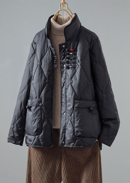 Kunstgrüner Stehkragen-Daunenmantel mit chinesischen Knöpfen, Taschen und Entendaunenfüllung für den Winter