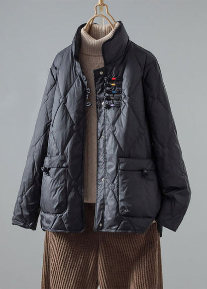 Kunstgrüner Stehkragen-Daunenmantel mit chinesischen Knöpfen, Taschen und Entendaunenfüllung für den Winter