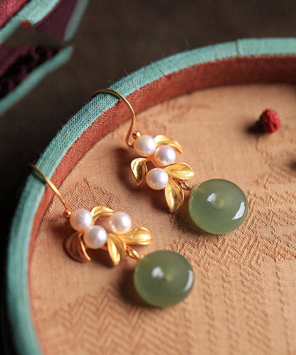 Art Green Sterling Silber Intarsien Jade Perle Blatt Tropfen Ohrringe