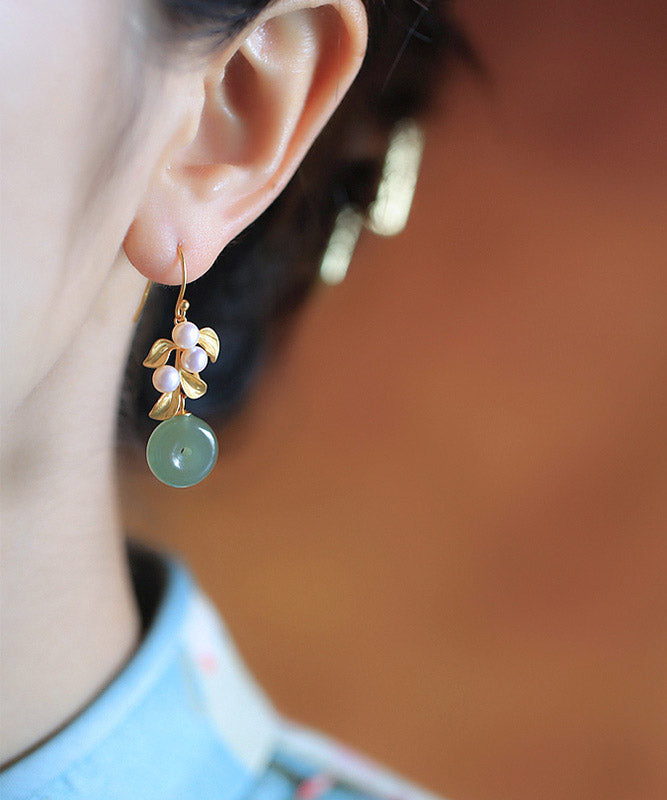 Art Green Sterling Silber Intarsien Jade Perle Blatt Tropfen Ohrringe