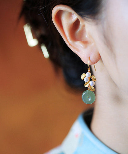 Art Green Sterling Silber Intarsien Jade Perle Blatt Tropfen Ohrringe