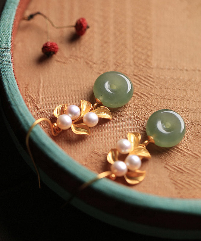 Art Green Sterling Silber Intarsien Jade Perle Blatt Tropfen Ohrringe