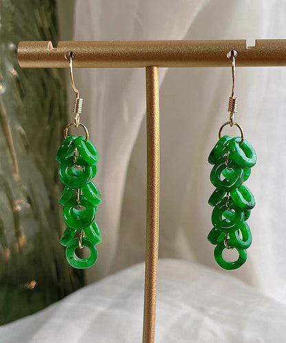 Pendientes colgantes con borlas de jade dorado en plata de ley verde artística