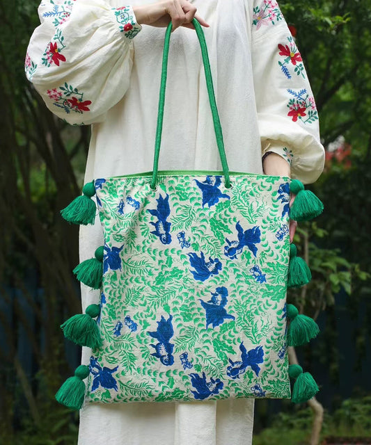 Art Green Tasseled Jacquard Cotton Ethnic Style Women Handbag