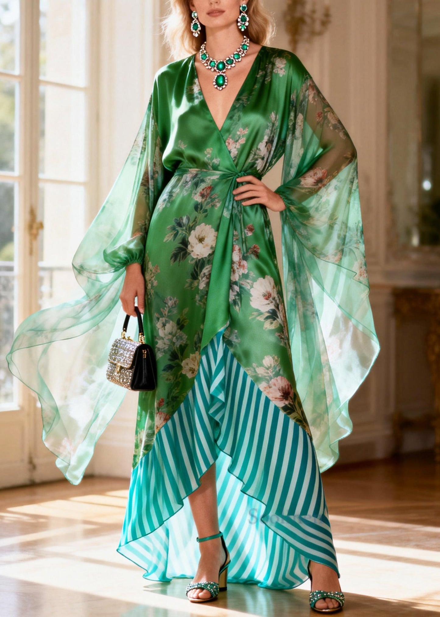 Art Green Tie Waist Patchwork Silk Holiday Dress Summer