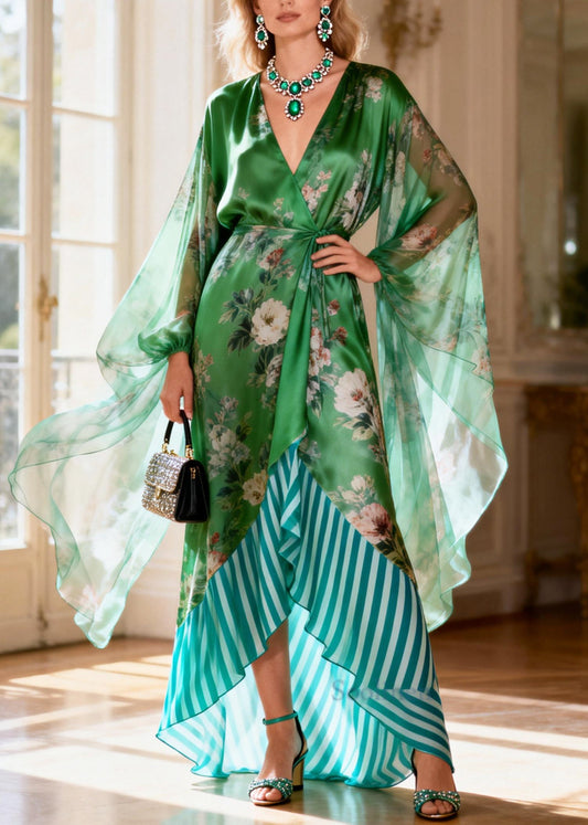 Art Green Tie Waist Patchwork Silk Holiday Dress Summer