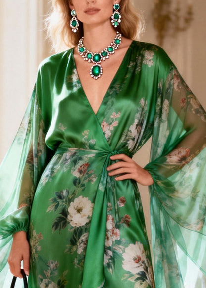 Art Green Tie Waist Patchwork Silk Holiday Dress Summer