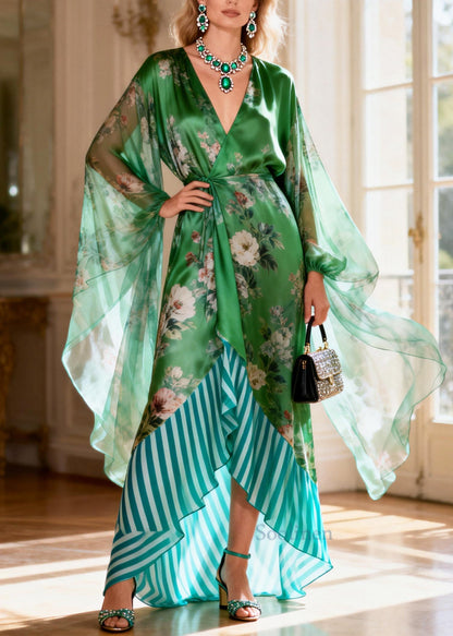 Art Green Tie Waist Patchwork Silk Holiday Dress Summer