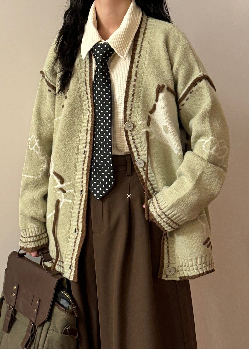 Art Green V Neck Hole Cozy Knit Coats Spring