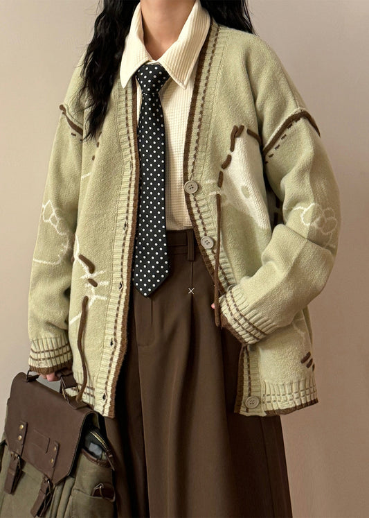 Art Green V Neck Hole Cozy Knit Coats Spring