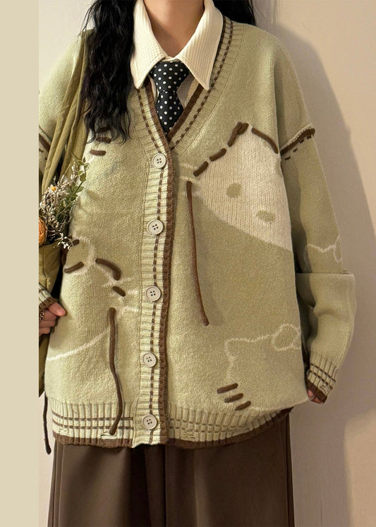 Art Green V Neck Hole Cozy Knit Coats Spring