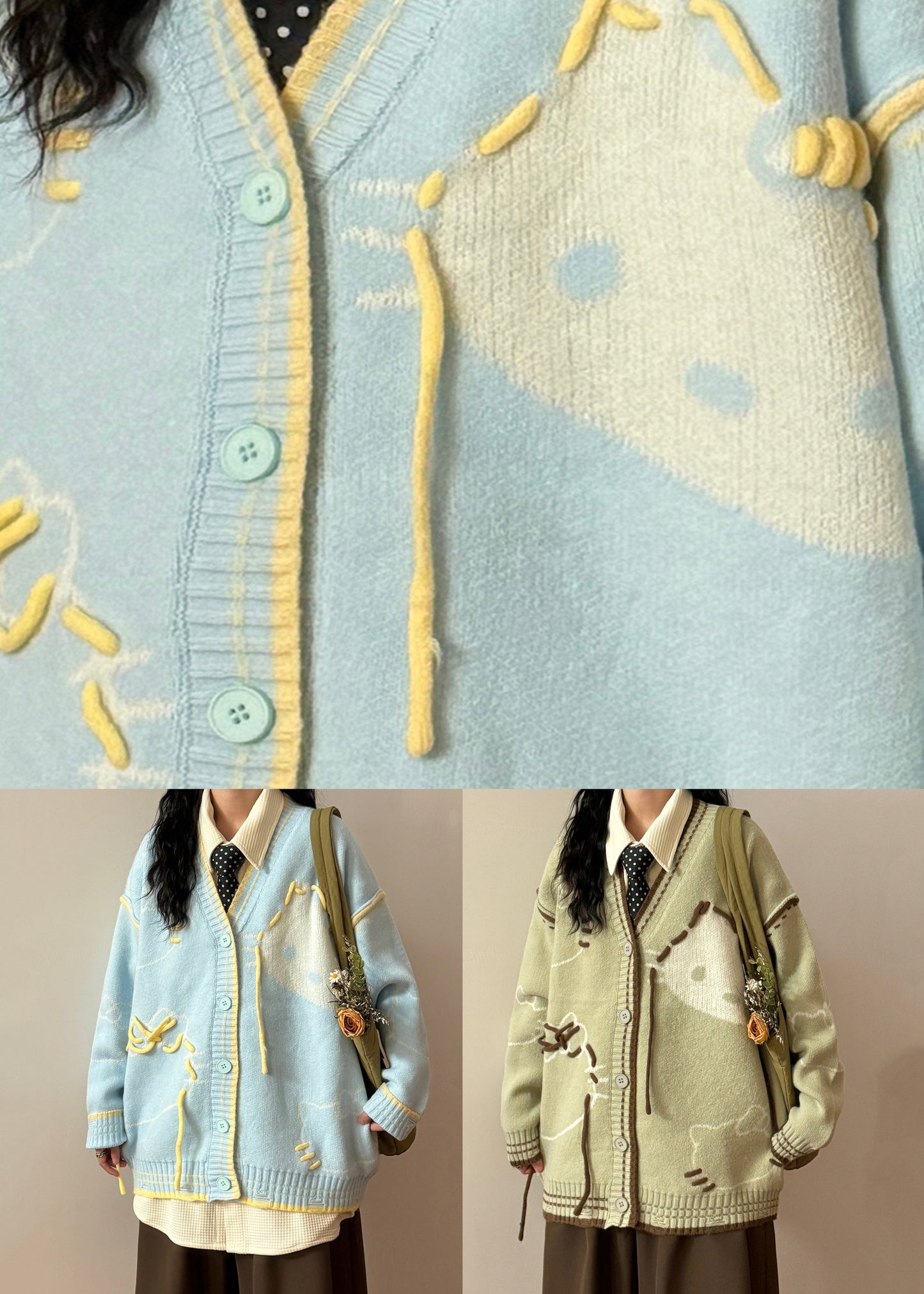 Art Green V Neck Hole Cozy Knit Coats Spring