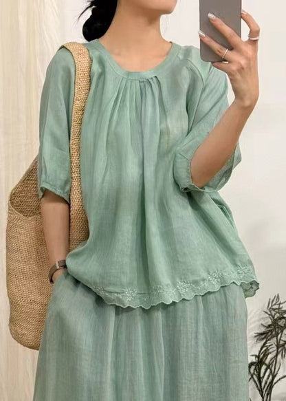 Art Green Wrinkled Lace Solid Linen Blouse Half Sleeve