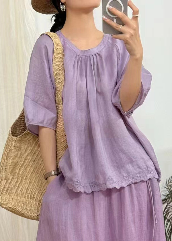 Art Green Wrinkled Lace Solid Linen Blouse Half Sleeve