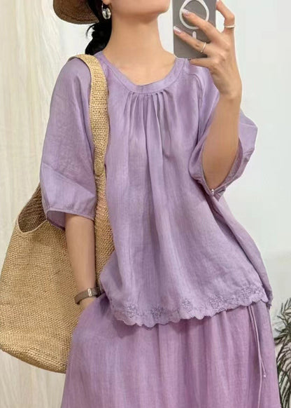 Art Green Wrinkled Lace Solid Linen Blouse Half Sleeve