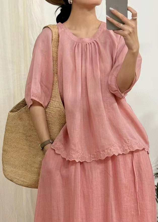 Art Green Wrinkled Lace Solid Linen Blouse Half Sleeve