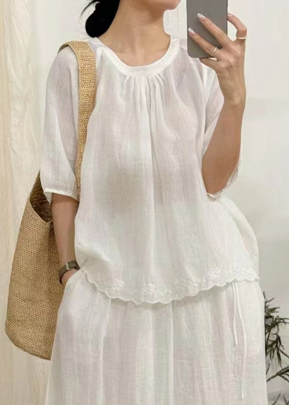 Art Green Wrinkled Lace Solid Linen Blouse Half Sleeve