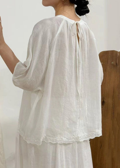 Art Green Wrinkled Lace Solid Linen Blouse Half Sleeve