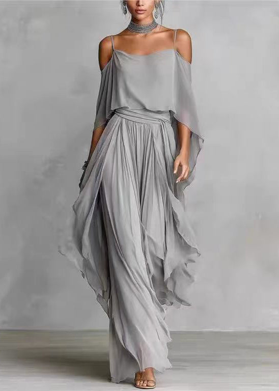 Art Grey Asymmetrical Draping Chiffon Two Pieces Set Summer