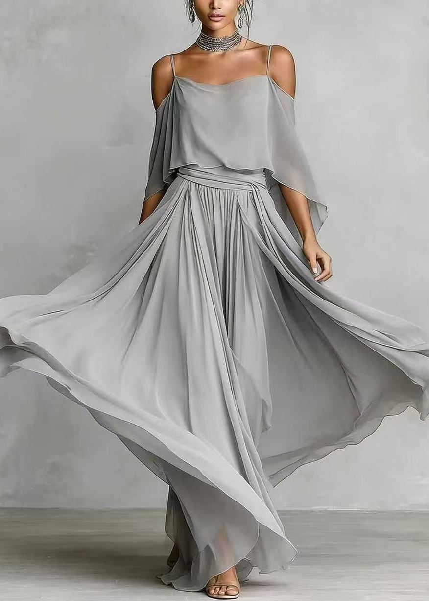 Art Grey Asymmetrical Draping Chiffon Two Pieces Set Summer
