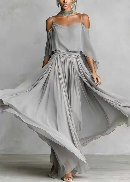 Art Grey Asymmetrical Draping Chiffon Two Pieces Set Summer