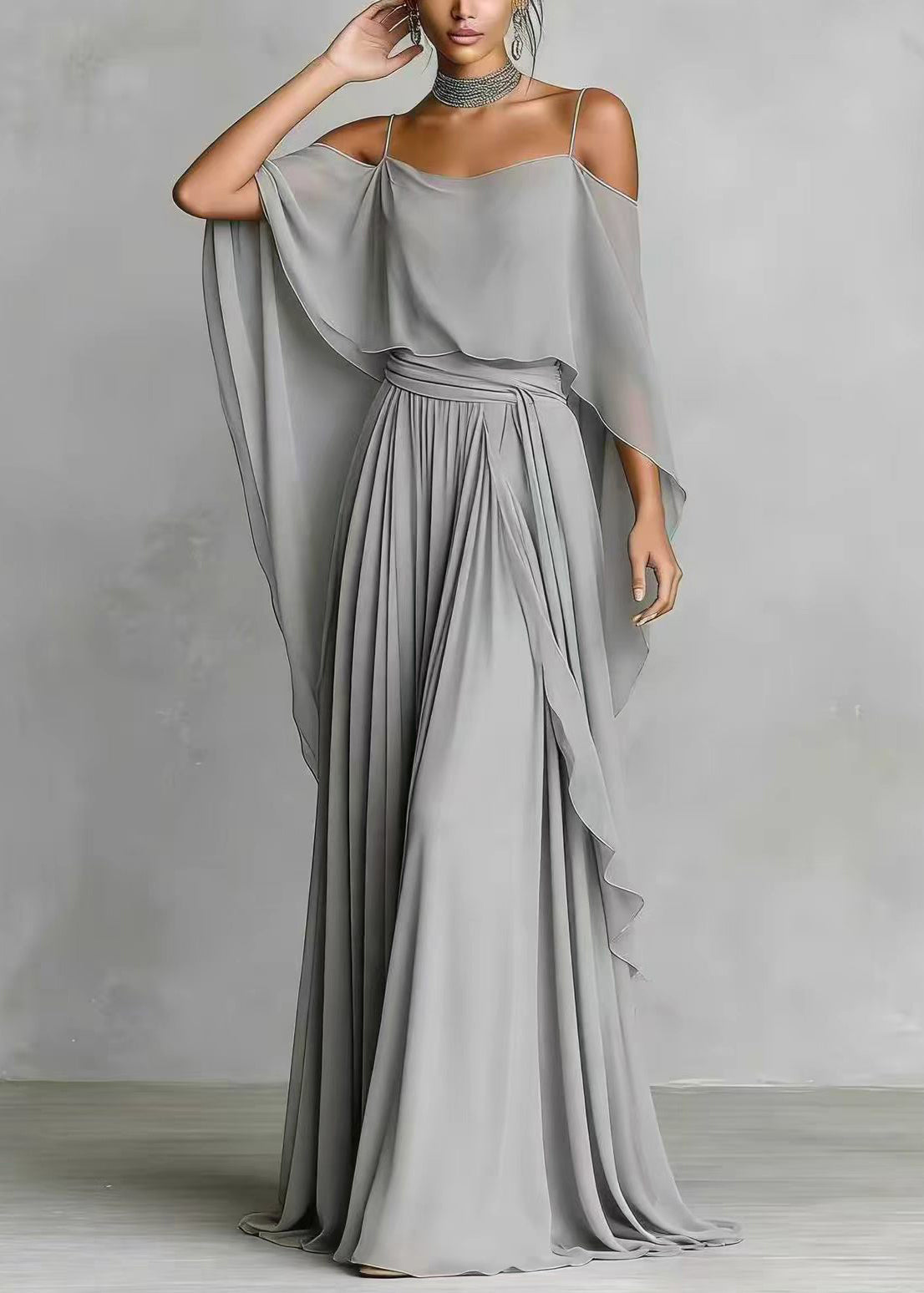 Art Grey Asymmetrical Draping Chiffon Two Pieces Set Summer