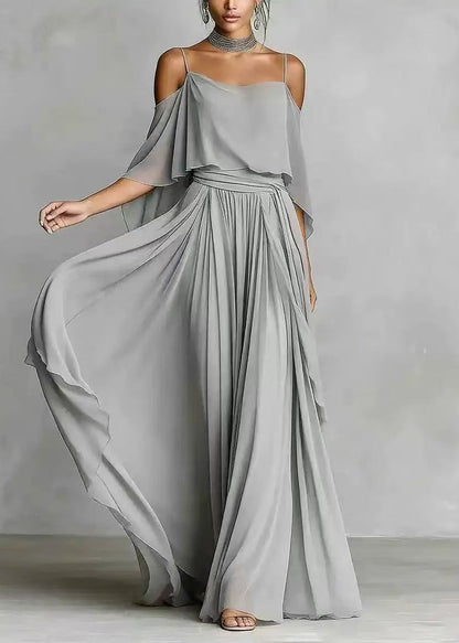 Art Grey Asymmetrical Draping Chiffon Two Pieces Set Summer