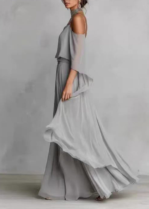 Art Grey Asymmetrical Draping Chiffon Two Pieces Set Summer