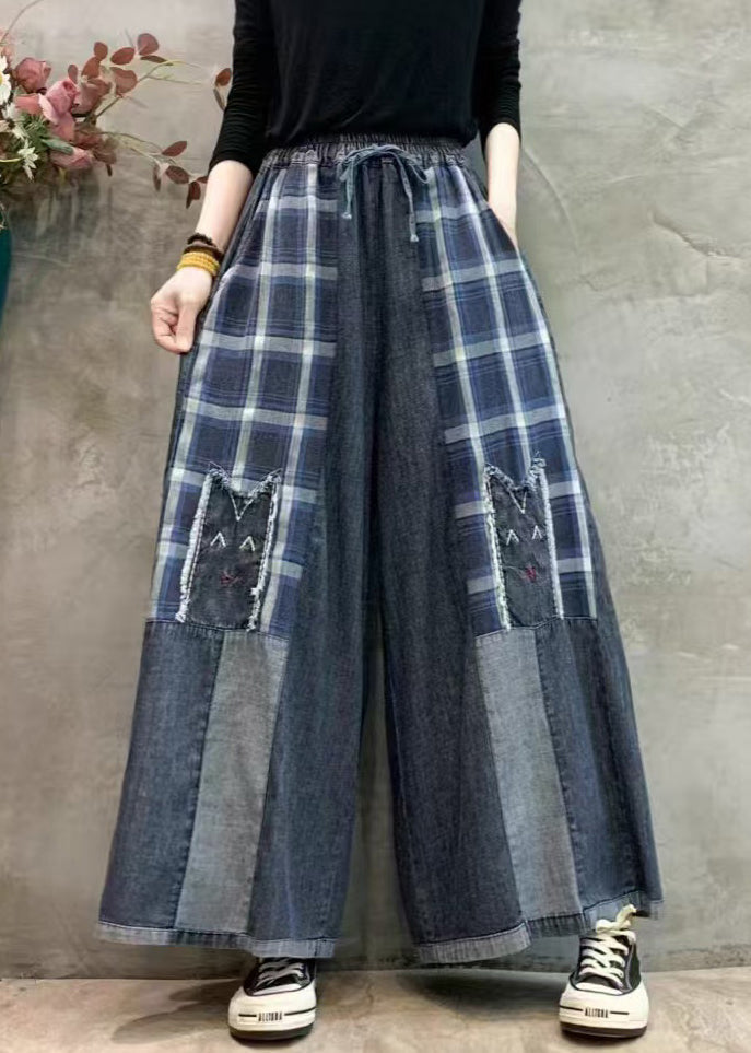 Art Grey Embroidered Patchwork Denim Wide Leg Pants Summer