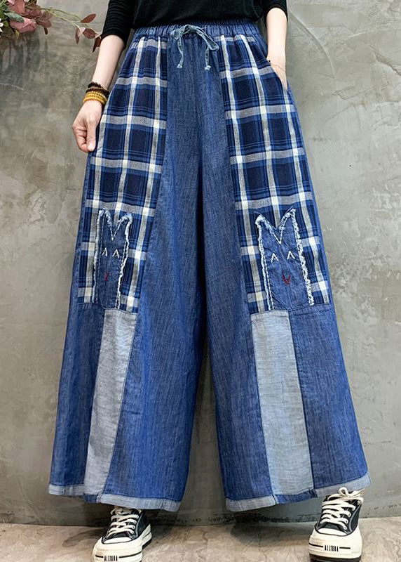 Art Grey Embroidered Patchwork Denim Wide Leg Pants Summer