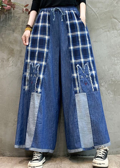 Art Grey Embroidered Patchwork Denim Wide Leg Pants Summer