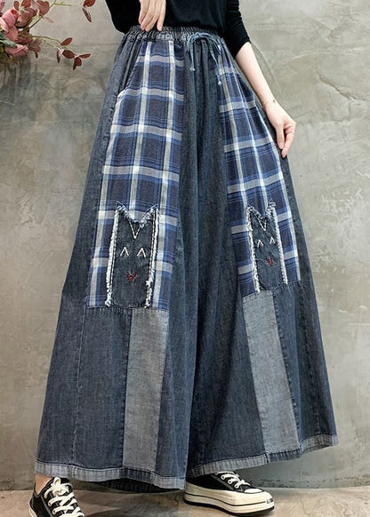 Art Grey Embroidered Patchwork Denim Wide Leg Pants Summer