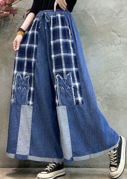 Art Grey Embroidered Patchwork Denim Wide Leg Pants Summer