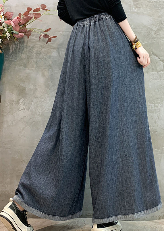 Art Grey Embroidered Patchwork Denim Wide Leg Pants Summer