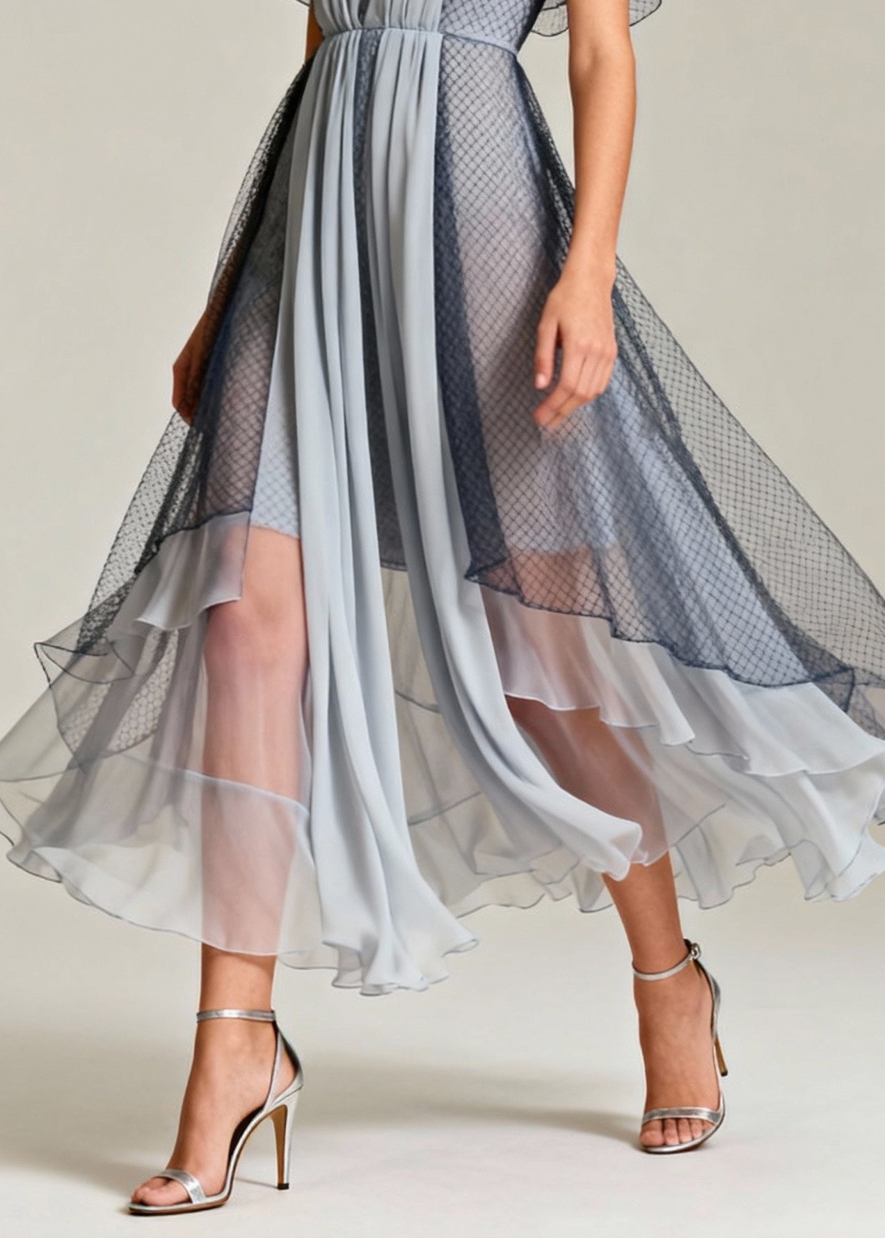 Art Grey Hollow Out Exra Large Hem Tulle Maxi Dresses Summer