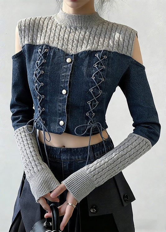 Art Grey Lace Up Blue Patchwork False Two Pieces Tops Spring