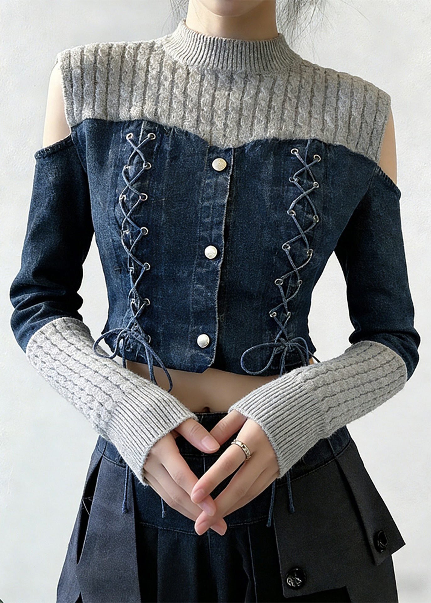 Art Grey Lace Up Blue Patchwork False Two Pieces Tops Spring